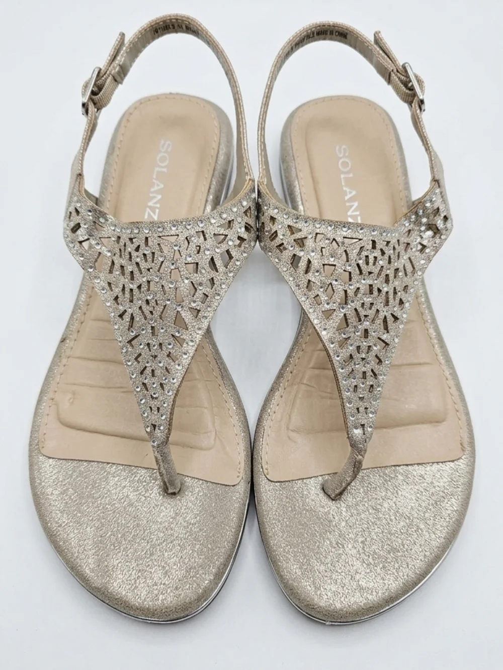 SOLANZ Champagne Gold Rhinestone Laser Cut Slingback Sandals - Size 7 - Picture 3 of 6